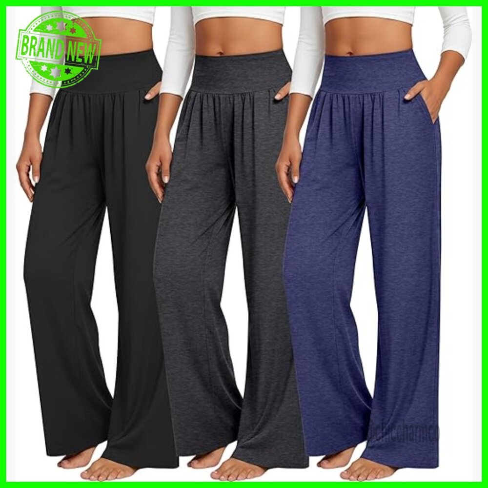 3 Pack Wide Leg Yoga Pants with Pockets, Stretch Joggers for Lounge & Workout